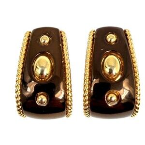 Vintage Gold Brown Enamel Clip Earrings Studded Mid Century Style Statement